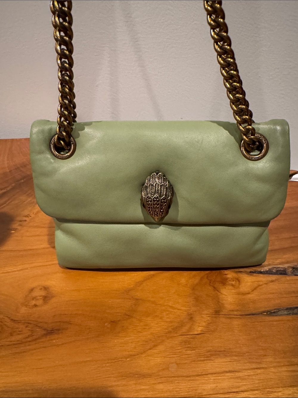 Kurt Geiger Mini THE KEW Mint Green Leather Shoulder Bag with Gold Chain